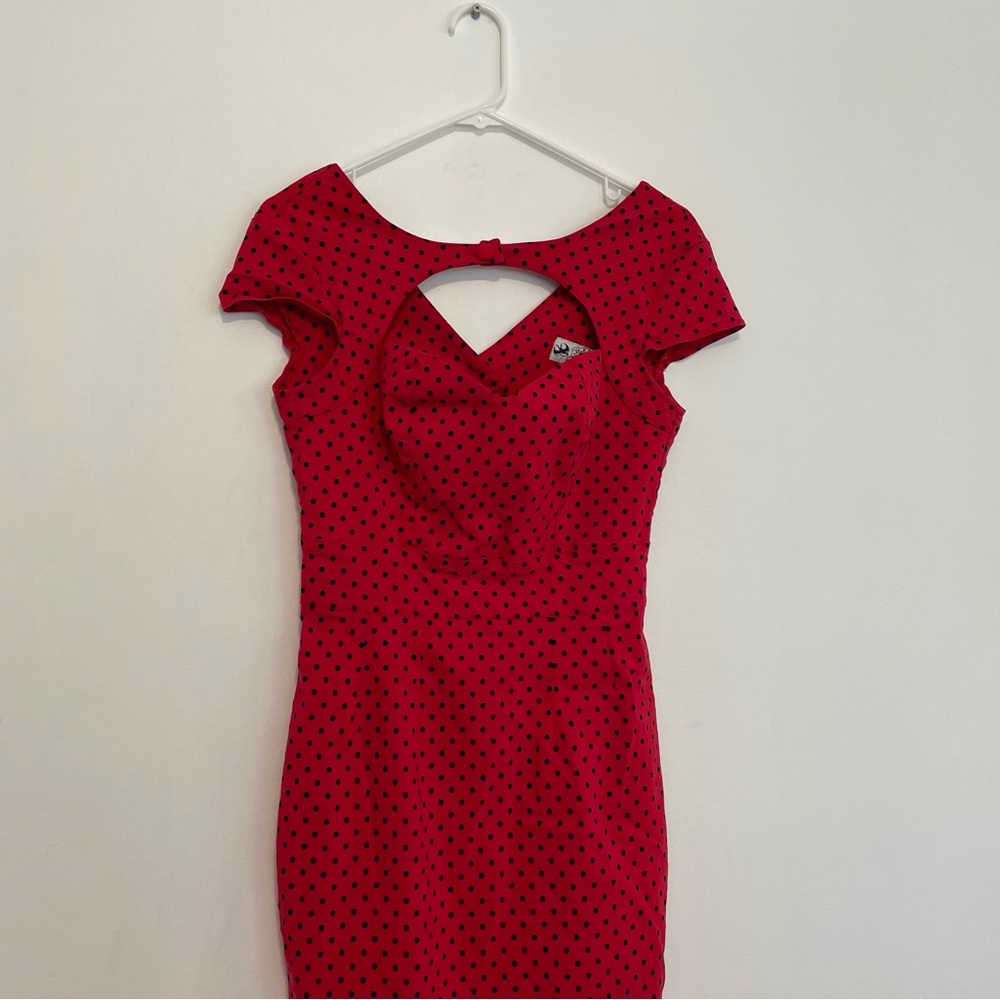 HELL BUNNY VIXEN Sandy Pencil Dress Red Polka Dot Retro Rockabilly Pinup US M 10 - Picture 5 of 16